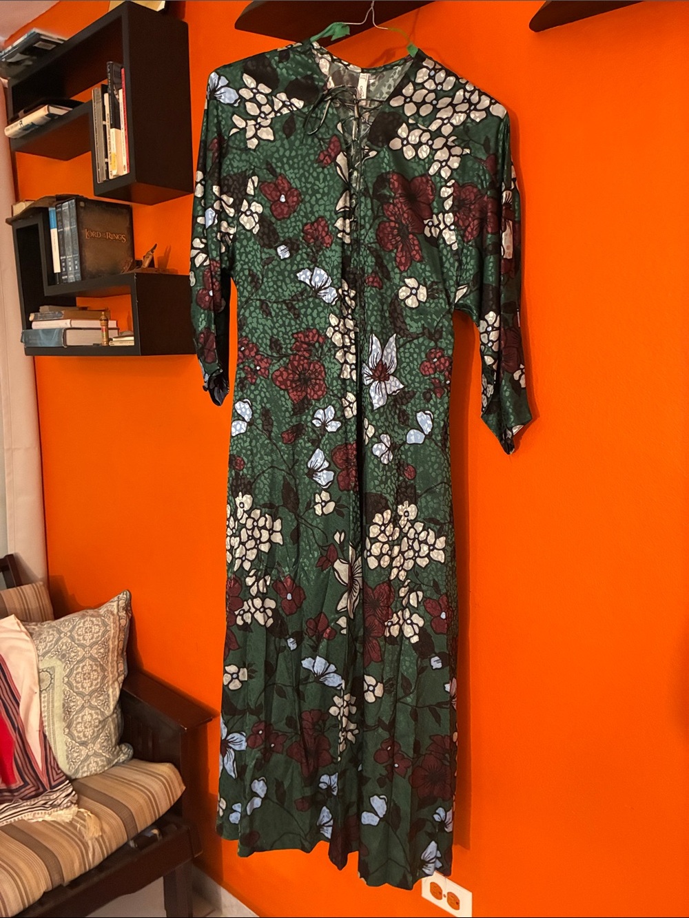 Mango Green Floral Maxi Dress with Burgundy & Cream Accents